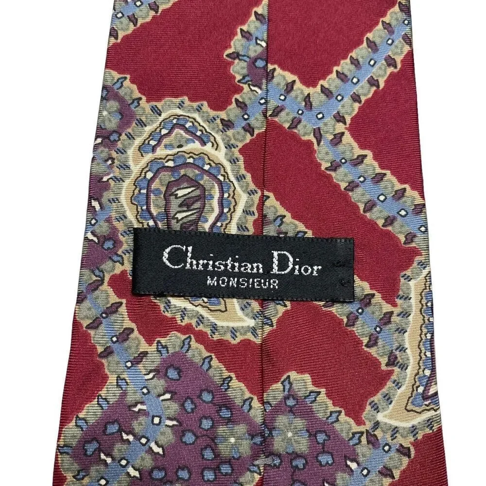 Christian Dior Tie Men's Necktie Silk Maroon Paisley Made in USA